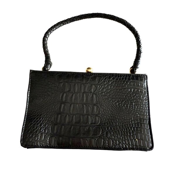 Isaac Mizrahi Leather Target Faux Alligator Baguette Snap Handbag Women's Black - Picture 1 of 7
